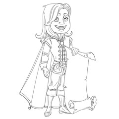 Cute prince with a scroll of parchment for your banner outlined