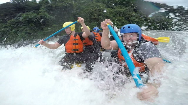 Experience the thrill of Level IV whitewater rafting as you ride through three massive waves,captured in stunning slow motion 120fps footage from an on board camera.
