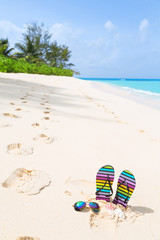 Fototapeta na wymiar Multicolored flip-flops and sunglasses on a sunny beach.Tropical beach holiday concept 