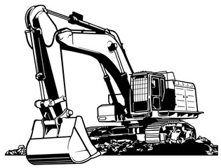 Excavator Black and White Outlined Illustration, Vector - 106421637