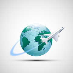 Fototapeta premium Icon plane flies around the earth planet. Business travel.