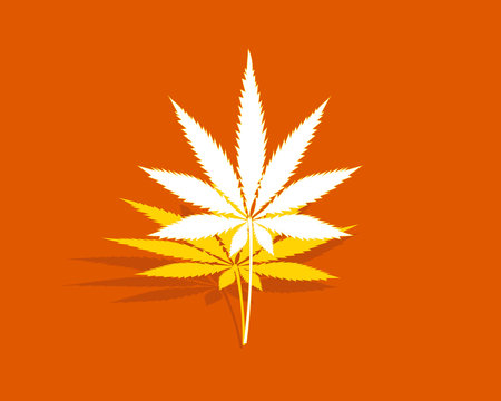 Cannabis leaf on a orange, yellow and white background, marijuana leaf rising, legalization of cannabis, cannabis leaf floating