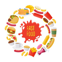 Beautiful fast food icons round background.