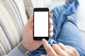 man holding phone with isolated screen