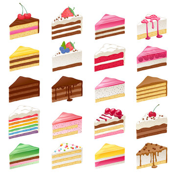 Colorful sweet cakes slices set vector illustration.