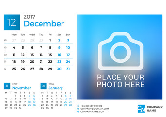 Desk Calendar for 2017 Year. Vector Design Print Template with Place for Photo. December. Week Starts Monday. 3 Months on Page