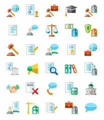 Legal services, colored icons, white background. 