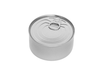 Tin can with pull ring isolated. Isolated metal packaging. Angle view photo.