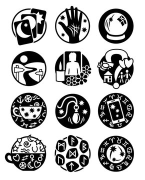Twelve symbols showing different methods of clairvoyance, psychic reading and fortune telling in black