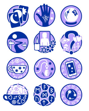 Twelve symbols showing different methods of clairvoyance, psychic reading and fortune telling in colours purple and blue