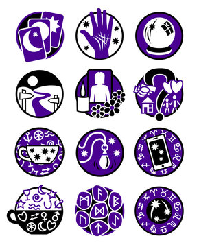 Twelve symbols showing different methods of clairvoyance, psychic reading and fortune telling in colours purple and black