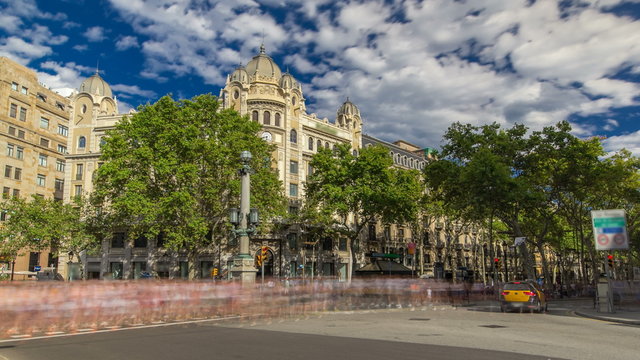 The famous Ramblas street timelapse hyperlapse with unidentified walking tourists in Barcelona, Spain