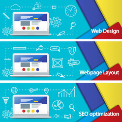 Web design layout of sites. Seo promotion. Flat 3d material design banner. White flat and thin laptop. Flat modern business icons.