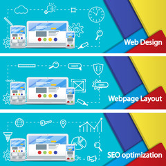 Web design layout of sites. Seo promotion. Flat 3d material design banner. White flat and thin laptop, phone, tablet. Flat modern business icons.