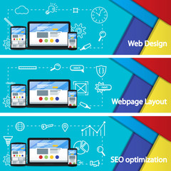 Web design layout of sites. Seo promotion. Flat 3d material design banner. Black flat and thin laptop, phone, tablet. Flat modern business icons.