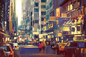 Naklejki  kolorowy obraz ludzi chodzących po ulicy miasta, ilustracja pejzaż miejski