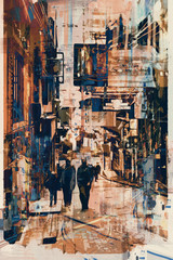abstract art of people walking at alley,illustration