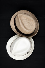 Clothing and fashion accessories on wooden table