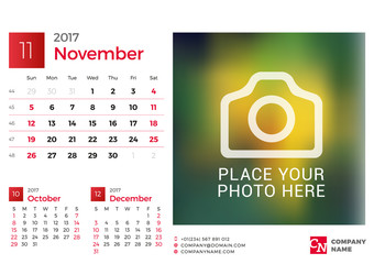 Desk Calendar for 2017 Year. Vector Design Print Template with Place for Photo. November. Week Starts Sunday. 3 Months on Page