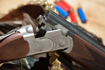 Gun, hunting, a dead duck, and ammunition 