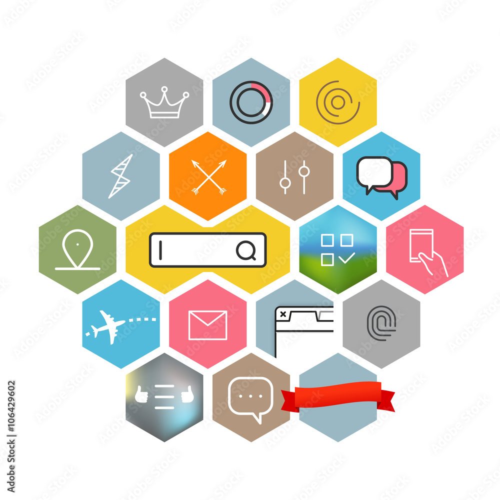Poster Modern web and mobile application pictograms collection. Color lineart intercece icons set