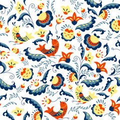 Vector floral pattern with flowers, berries and leaves. Flower and bird on a white background. Seamless pattern can be used for wallpaper, pattern fills, web page background, surface textures.