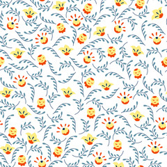 Vector floral pattern in doodle style with berries and leaves. Leaves on a white background. Seamless pattern can be used for wallpaper, pattern fills, web page background, surface textures.