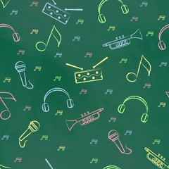 Seamless pattern green chalk board with colorful children's chalk drawings. Hand-drawn style. Seamless vector wallpaper with the image of  drum, microphone, pipe, headphones and note