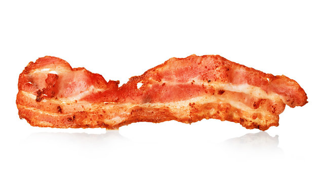 Bacon strip close-up isolated on a white background.