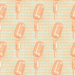 Retro golden microphone seamless pattern. Hand drawn retro background with sunburst. Suitable for banner, ad, t-shirt design. Vintage design seamless element