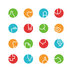 Medical and laboratory icon set - vector minimalist. Different symbols on the colored background.