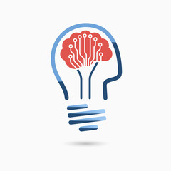 Light bulb idea icon with brain and circuit board. Light bulb sign, light bulb symbol. Business idea concept.