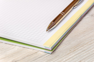 Pen on the notepad. Close up.