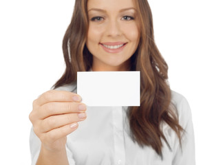 Fototapeta premium Cheerful woman with business card