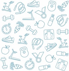 Background, fitness, sports, line icons, white. 