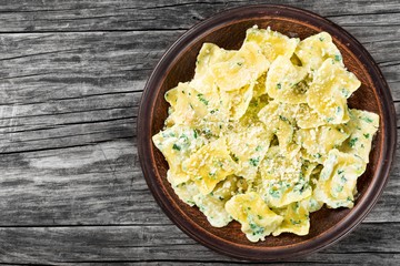 Italian ravioli smothered in creamy spinach sauce, top view