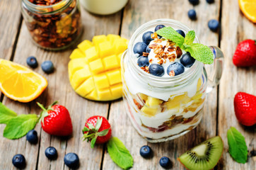 strawberry, mango, kiwi, blueberry, orange with Greek yogurt and