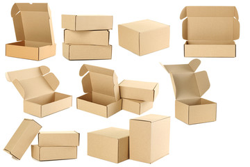 Empty cardboard boxes isolated on a white, collage