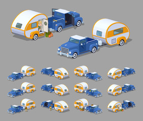 Blue retro pickup with orange-white trailer house. 3D lowpoly isometric vector illustration. The set of objects isolated against the grey background and shown from different sides