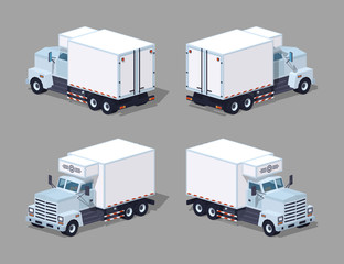 White truck refrigerator. 3D lowpoly isometric vector illustration. The set of objects isolated against the grey background and shown from different sides