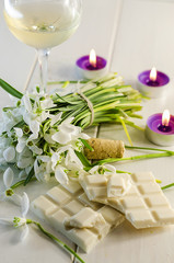 wine, white chocolate and flowers