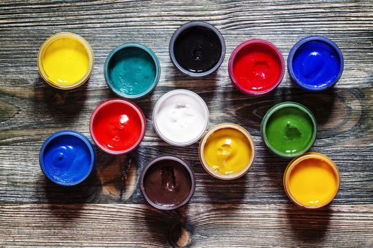 Palette of paints for drawing, top view