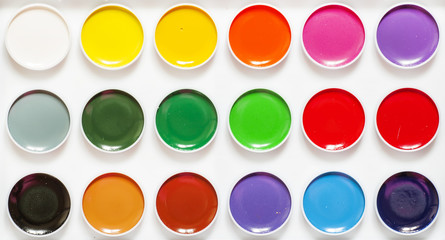 Palette of paints for drawing, top view