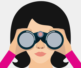 Woman holding binoculars. A woman in search. Vector illustration