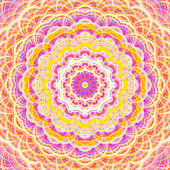 Intricate striped flower-like fractal mandala. Digitally generated ornate mandala in bright and pastel warm colors.