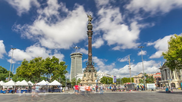 Columbus Monument timelapse hyperlapse Mirador de Colom in Barcelona, Catalonia, Spain. 