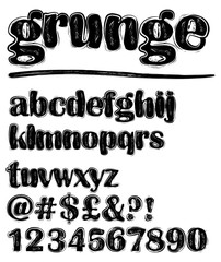 Grunge scratchy lowercase black and white alphabet set, numbers, question mark, exclamation mark, at sign, hash tag, dollar sign, pound sign, uppercase set available in portfolio too