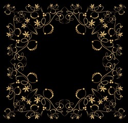 Embossed filigree golden frame on black background. Classic vintage patterns with flower, swirl and leaf shapes, horizontal and vertical symmetric