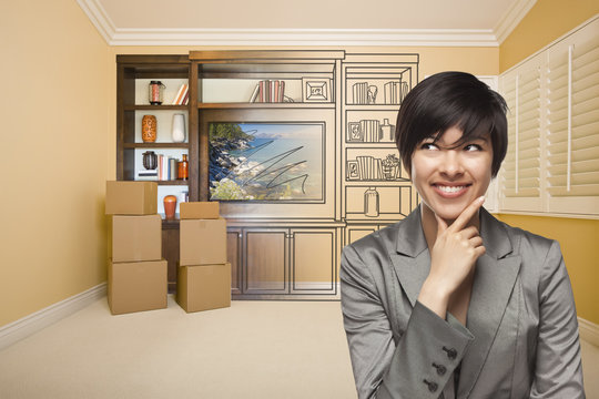 Mixed Race Female In Room With Drawing of Entertainment Unit