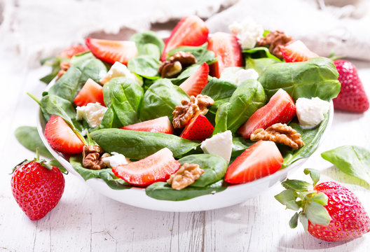 Salad With Strawberry, Spinach Leaves And Feta Cheese
